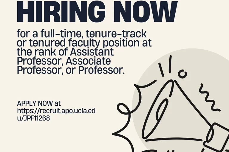 Microphone calling out text that UCLA MIMG is hiring now. Image also provides link to where to apply on UC Recruit.