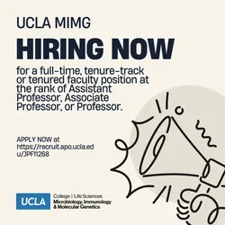 Microphone calling out text that UCLA MIMG is hiring now. Image also provides link to where to apply on UC Recruit.